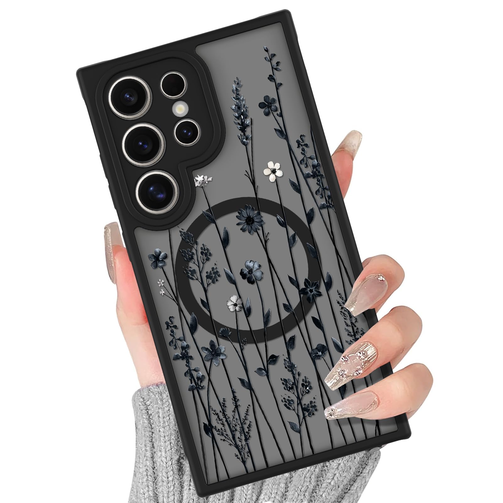 BITOBE Case Fit for Samsung Galaxy S24 Ultra [Wireless Charging Compatible] Black Floral Flowers Design Translucent Phone Cover Soft TPU Bumper Hard PC Back Shockproof Magnetic Case for Women