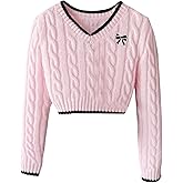 RoseSeek Girl's Bow Embroidery Cable Knit Cropped Sweaters V Neck Long Sleeve Preppy Pullover Jumper