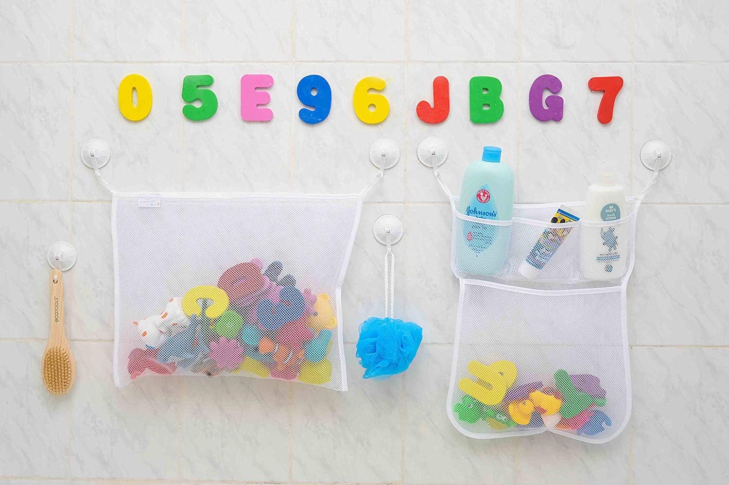 Comfylife 2 x Mesh Bath Toy Organizer + 6 Ultra Strong Hooks + 36 Bath Letters & Numbers – Eco-Safe, Fun, Educational Foam Baby Bath Letters and Perfect Toy Storage Net for Baby Bath Toys & More: Home & Kitchen