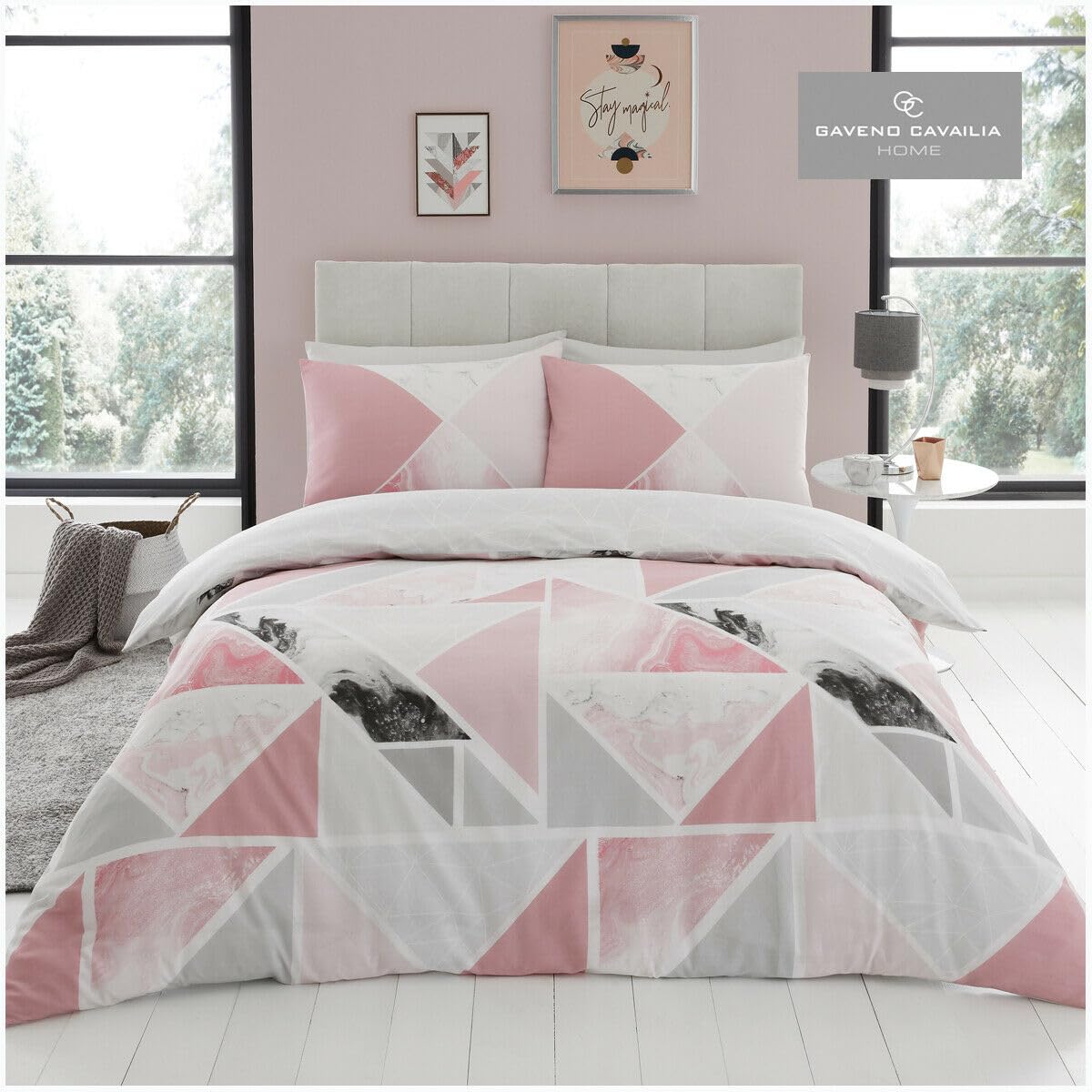 GC GAVENO CAVAILIA Blake Duvet Cover Double, Comfy Geometric Bedding Bed Set, Polycotton Quilt Covers, Blush Pink