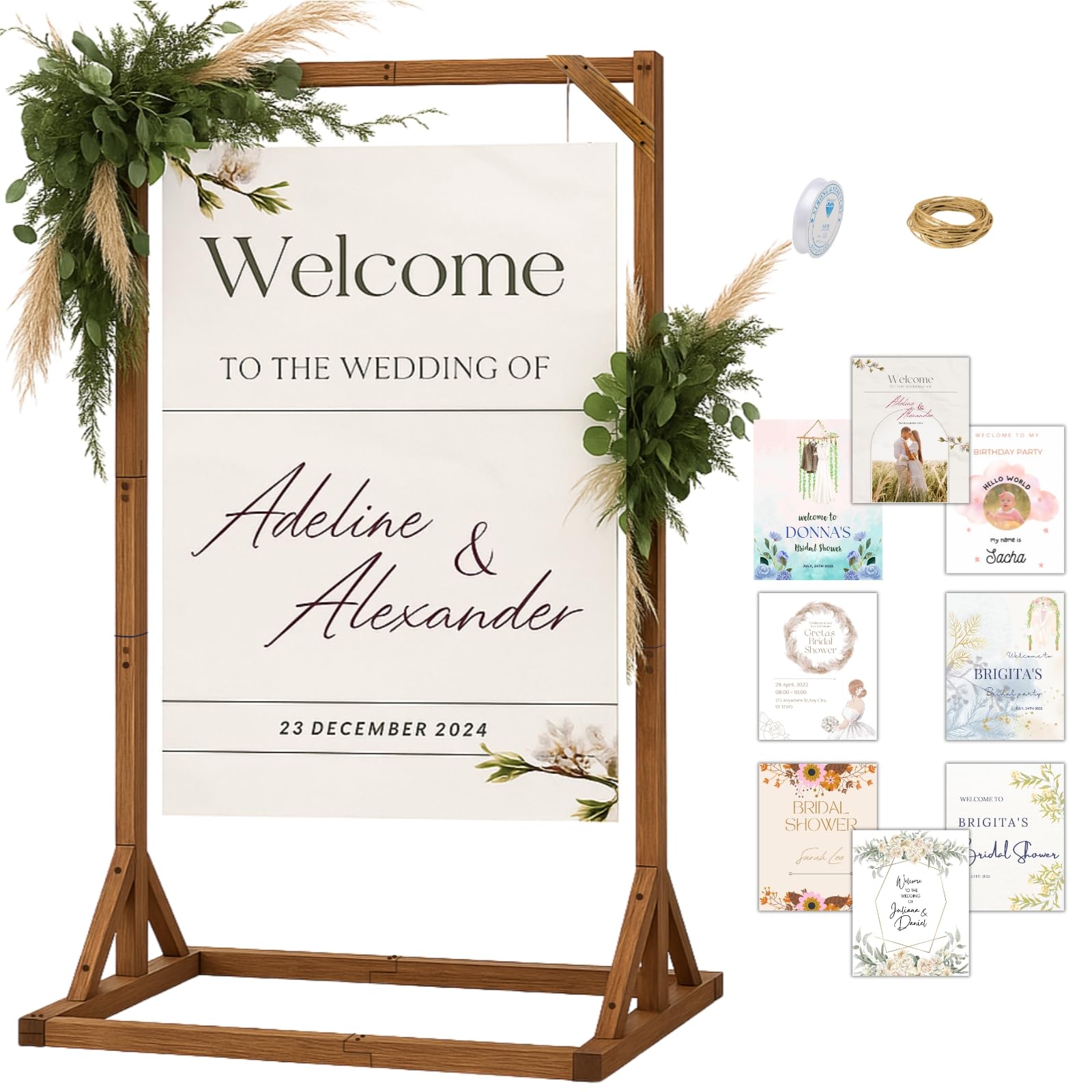 Photo 1 of Merrifete Wooden Welcome Sign Stand, Adjustable Sign Holder Stand, Heavy Duty Wood Easel w/ Poster Design Templates & Leather Straps for Wedding, Bridal Baby Shower, Birthday Party, 66" x 30" x 20"