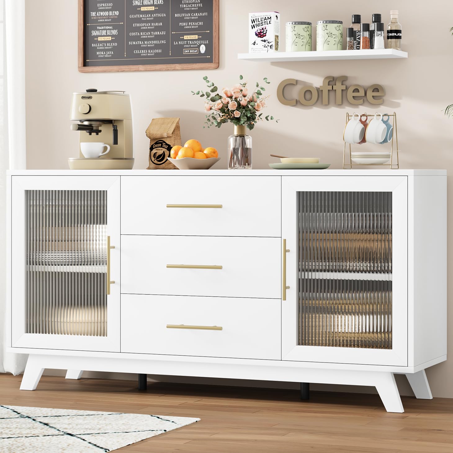 Photo 1 of GAOMON Storage Cabinet, 56'' Sideboard Buffet Cabinet with 3 Large Drawers and Fluted Glass Door, White Coffee Bar Cabinet for Kitchen, Dining Room with Adjustable Shelf, Living Room, White PICTURE FOR REFERENCE ONLY