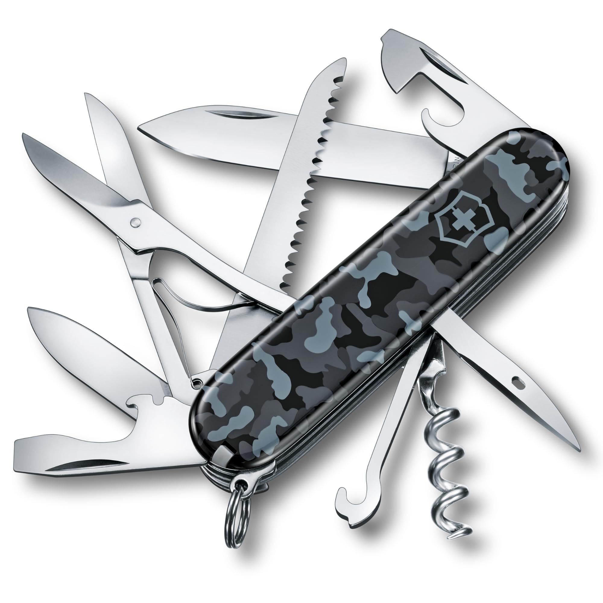 Victorinox Schweizer Taschenmesser Huntsman, Multitool, Swiss Army Knife mit 15 Funktionen, Klinge, Korkenzieher, Dosenöffner, Faltschachtel, Navy Camouflage