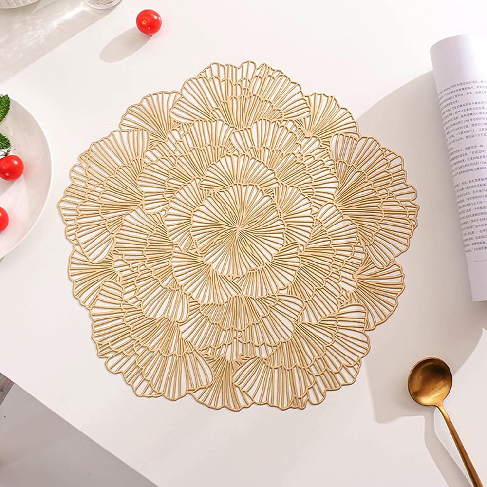 Hosoncovy 4 Pack Flower PVC Placemats - Set of 4 Heat Resistant Non-Slip Dining Decorative Placemats for Home Kitchen Wedding Party (Gold)