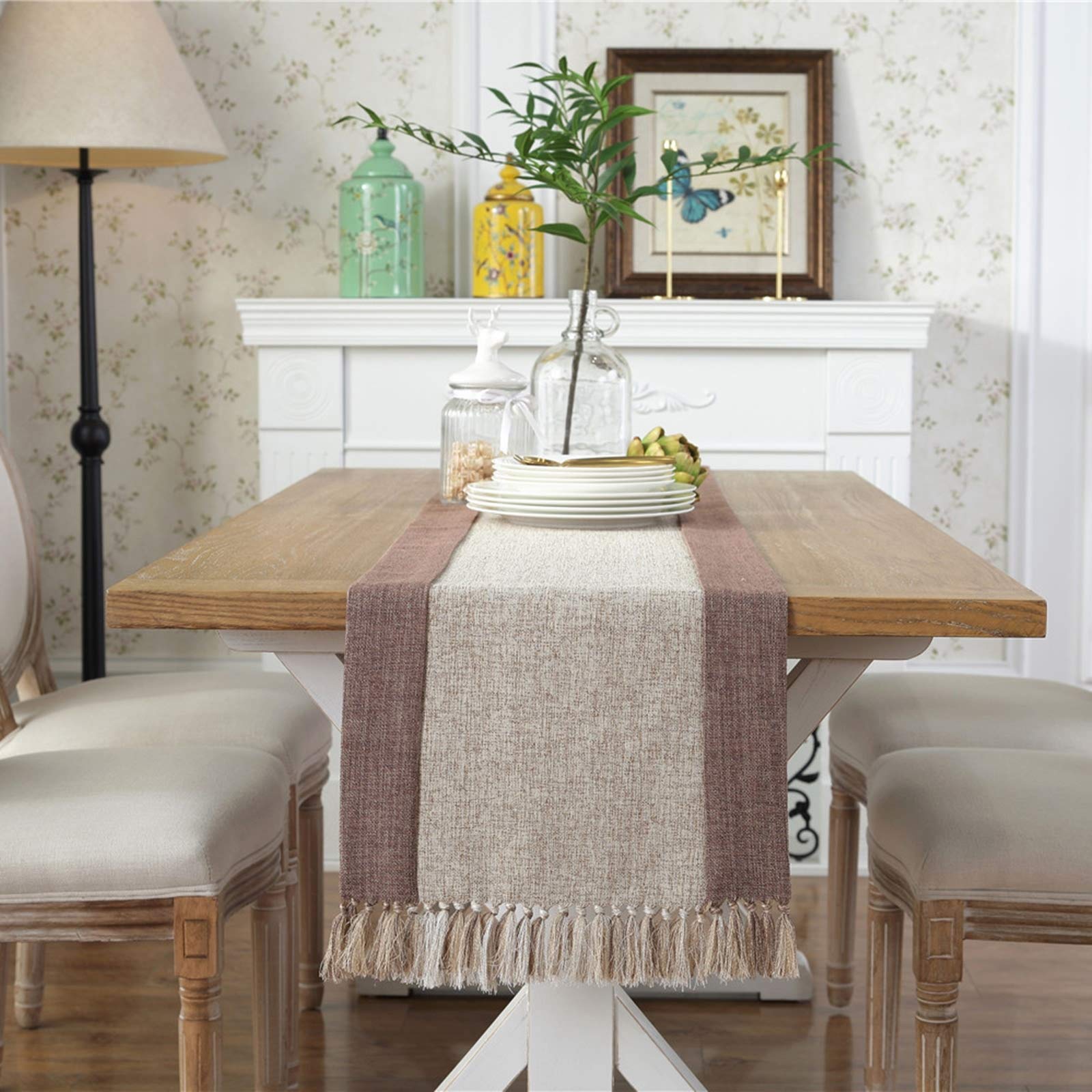 Daesar Table Runner 15x72 Inch, Table Runners Cotton Linen Beige Splicing With Tassel Table Runner Xmas