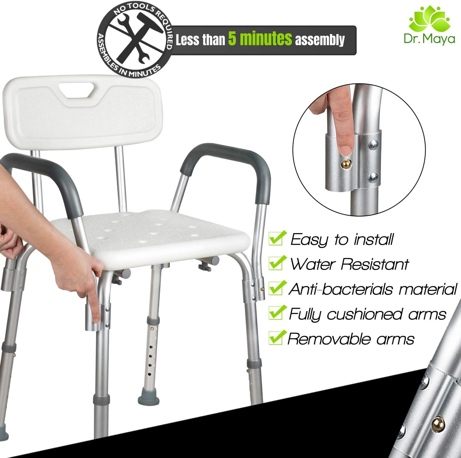 Dr. Maya Adjustable Shower Chair with Back and Arms - Free Suction Assist Grab Bar - Anti-Slip Bench - Bathtub Seat for Bathroom Safety: Health & Personal Care