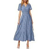 Simplee Womens Summer Boho Maxi Dress Semi Formal Wedding Guest Short Sleeve V Neck Empire Waist Floral Long Dresses