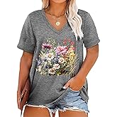 Plus Size Tops for Women Vintage Wildflower V Neck T Shirt Boho Cute Floral Graphic Tees Short Sleeve Summer Tops