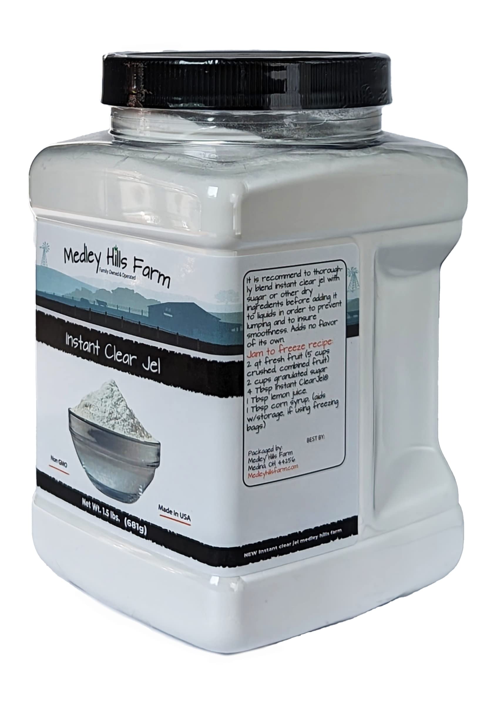 Instant clear jel by Medley hills farm 1.5 Lbs. in Reusable Container - Great Clear jel for canning & Thickener for liquids Like Sauces, Soups, Gravy, Desserts - Gluten-Free - Non-GMO - Made in USA