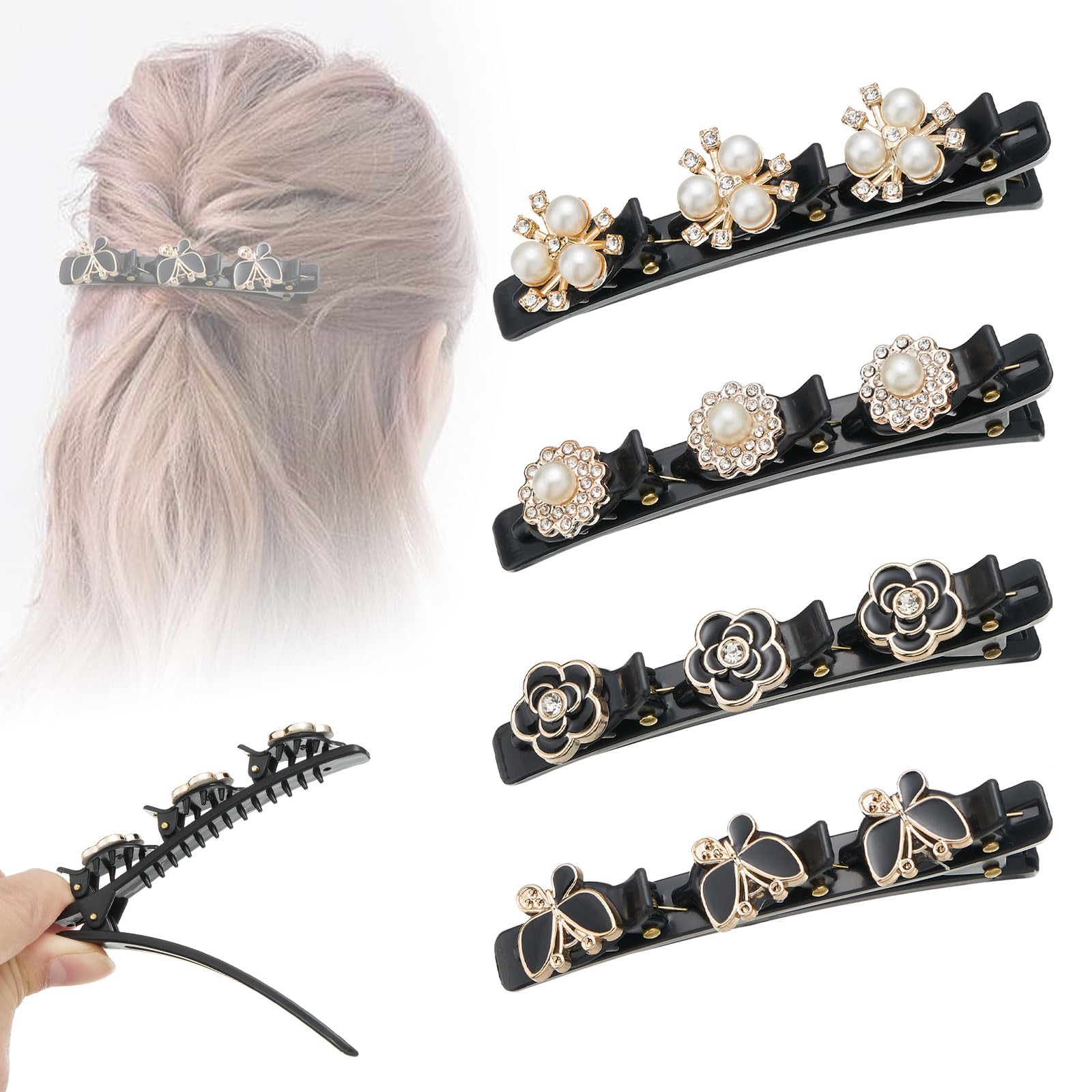 Pack of 4 Braided Hair Clips with Rhinestones, Hair Clips with Sparkling Crystal Stones, Hair Styling Clips, Double Layer Hair Clip with Rhinestones for Women and Girls (Rose-Style4)