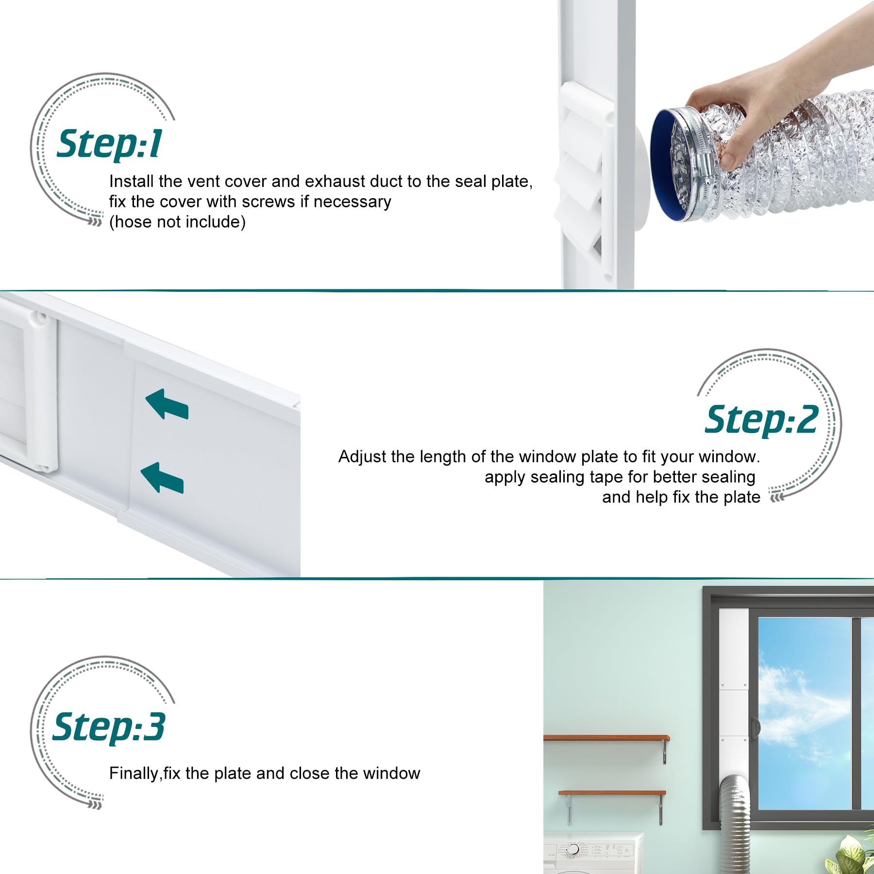 Daisypower Dryer Vent Window Kit, Adjustable Window Vent Kit with Outdoor Dryer Vent Cover,4 Inch Hood for Exhaust Ventilation