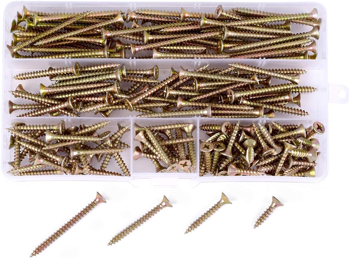 Loscrew 200Pcs M4 Coarse Thread self Drilling Wood Screw Flat Head Self Tapping Screw Kits, Phillips Pan Head Drywall Sheetrock Screws for Wood Furniture or DIY (20mm/30mm/40mm/50mm)