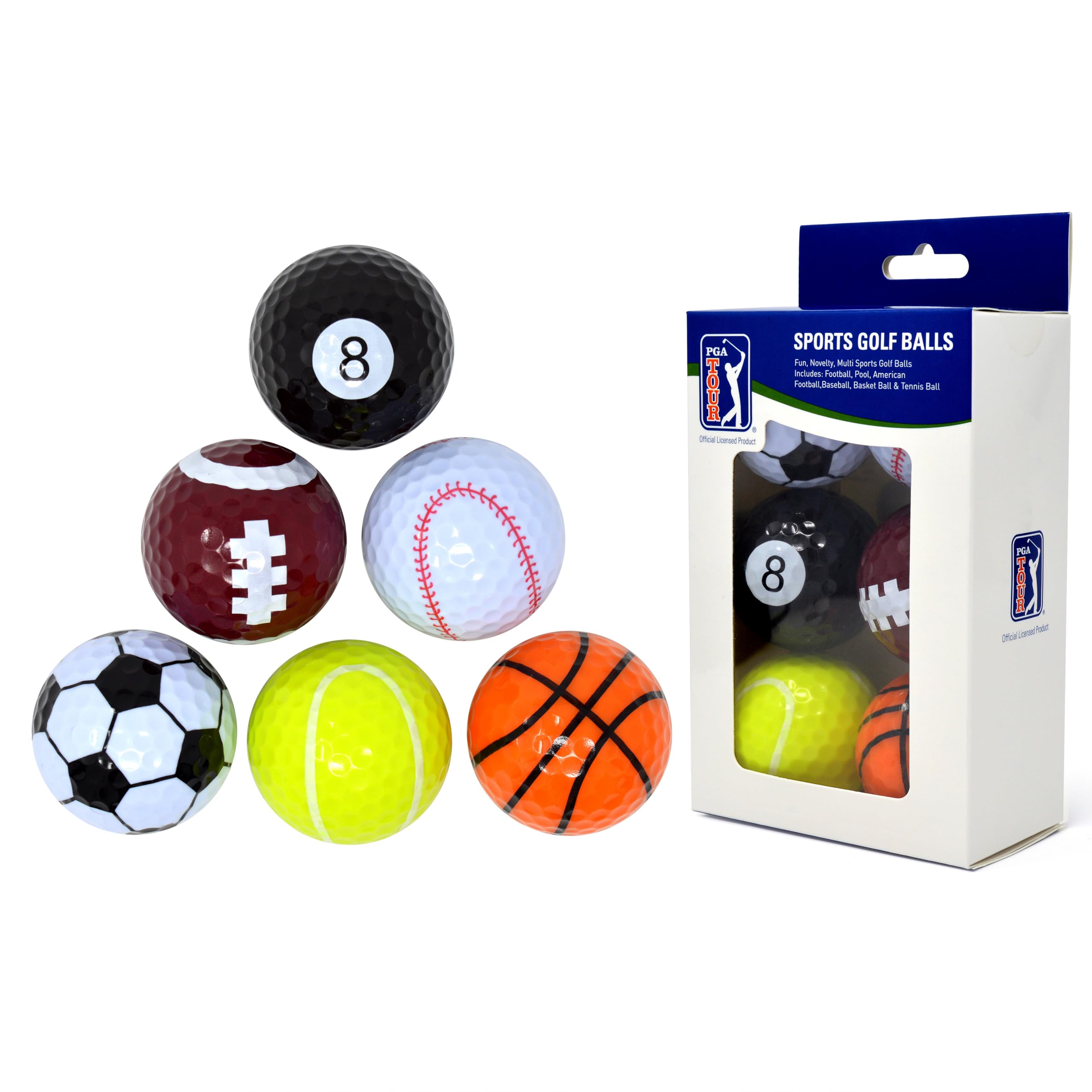 PGA Tour Novelty Golf Balls Set, 6 Designs Coloured Golf Balls, Fun Sport Golf Ball Pack, Unique Gift Idea, Premium Quality