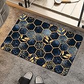 Bath Mat Rug,Black and Blue Honeycomb MarbleNon Slip Quick Dry Super Absorbent Thin Bathroom Rugs Fit Under Door-Easy to clean Bathroom Floor Mats-Shower Rug for Shower Sink Bathtub(16" x 24"In)