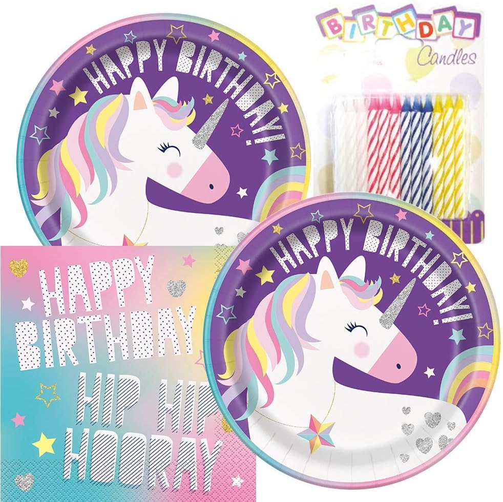 Unicorn Birthday Party Plates and Napkins Serves 16 With Birthday Candles