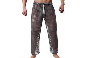 GENEMEN Mens Sexy Fishnet Pants Hollow Out Pajamas Bottom Mesh See Through Muscle Casual Pants with Drawstring (Gray, L)