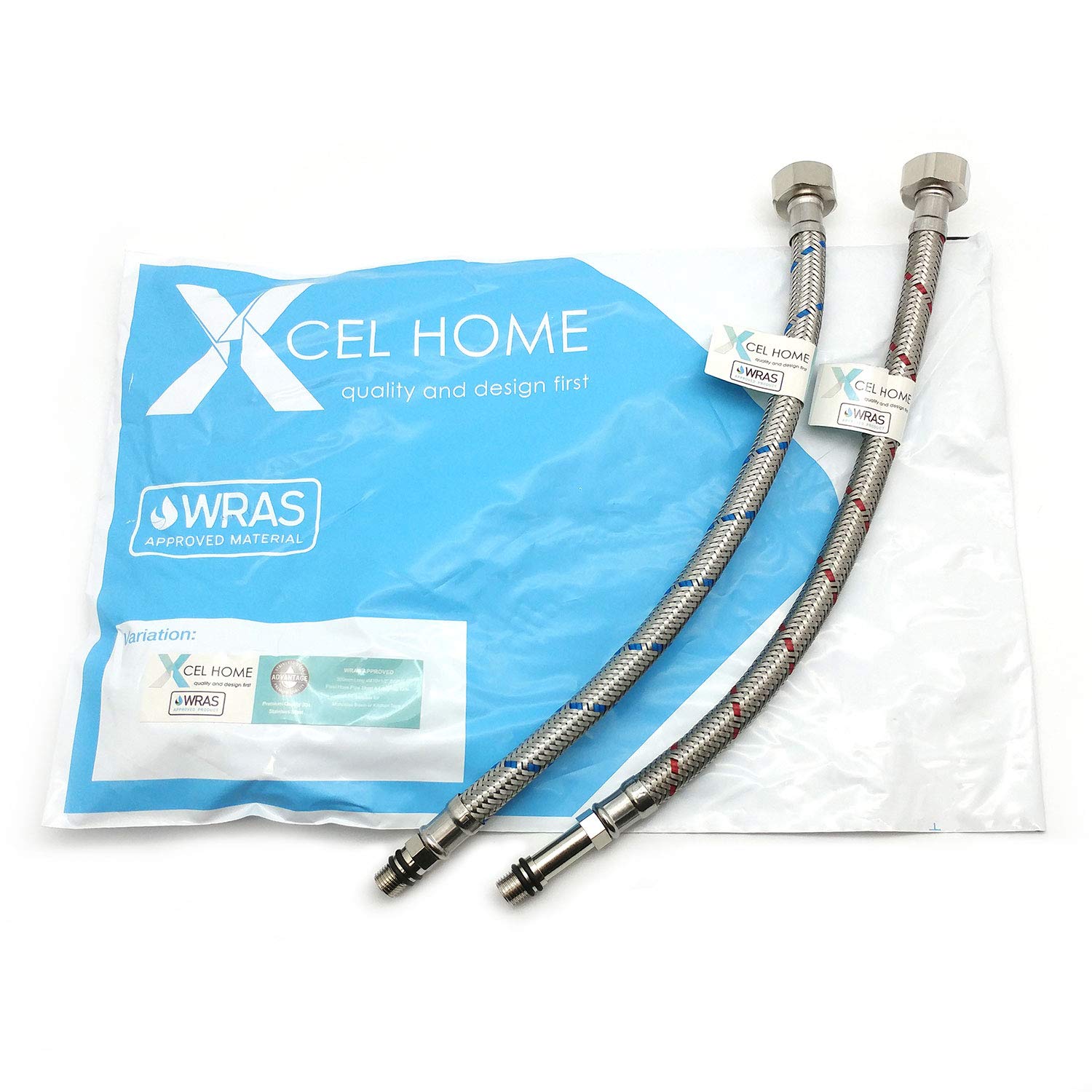 Xcel Home 10mm (M10) x 1/2" BSP 300mm Long | 9mm Inner Bore | 1 Pair WRAS Approved Flexible Pipe Connector | Stainless Steel Braided Monobloc Mixer Tap Hose Tail | for Kitchen & Bathroom Plumbing Hose