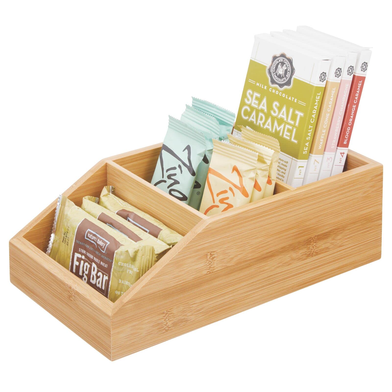 mDesign Kitchen Storage Box – Open-Top Storage Tray with Handles – Wooden Box with 3 Sections for Use as a Cupboard and Shelf Organiser – Natural