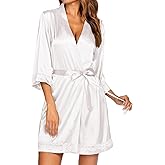 Ekouaer Women's Lace-Trim Silk Robes Bride Bridesmaid Kimono Satin Bathrobe V Neck Sleepwear with 3/4 Sleeve