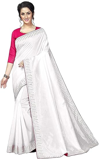 Market Magic World Womens Sana Silk Stone Studded Saree with Contrast Blouse