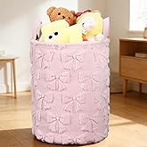 Yiyiring Pink Bow Laundry Hamper 18 x 14 Inch Fluffy Plush Pink Coquette Bow Laundry Basket for Girls Nursery Hamper Foldable Storage Bin with Handle for Home Clothes Organization
