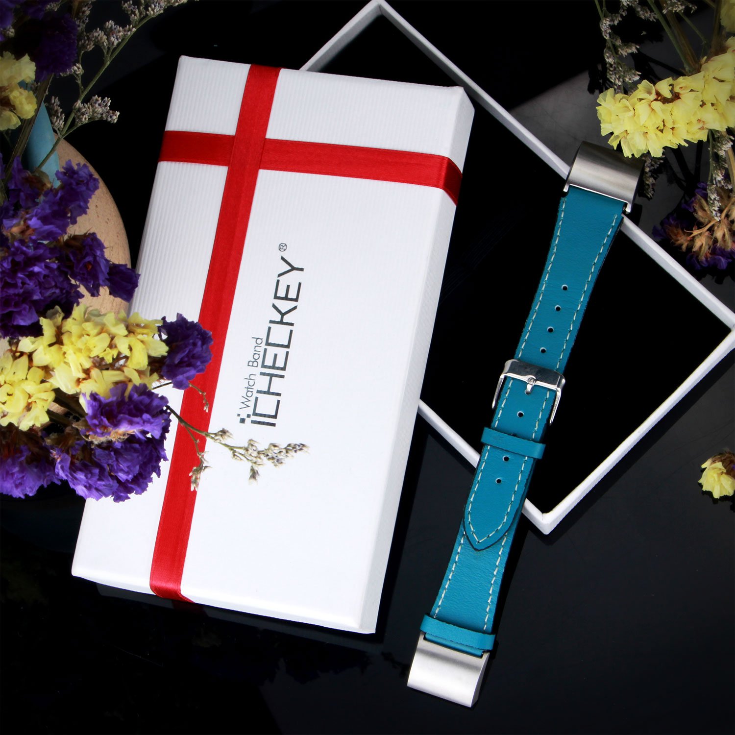 Fitbit Charge 2 Bands - Icheckey Genuine Leather Replacement Wristbands Include Gift Box for Fitbit Charge 2, Large Small Charge 2 Fitness Strap Blue