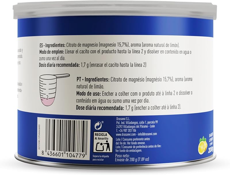CITRATO DE MAGNESIO EN POLVO | Para el cansancio y la fatiga | Citrato de magnesio en polvo| Articulaciones fuertes | Sabor Limón| 200 Gr = 125 días | Magnesium Citrate