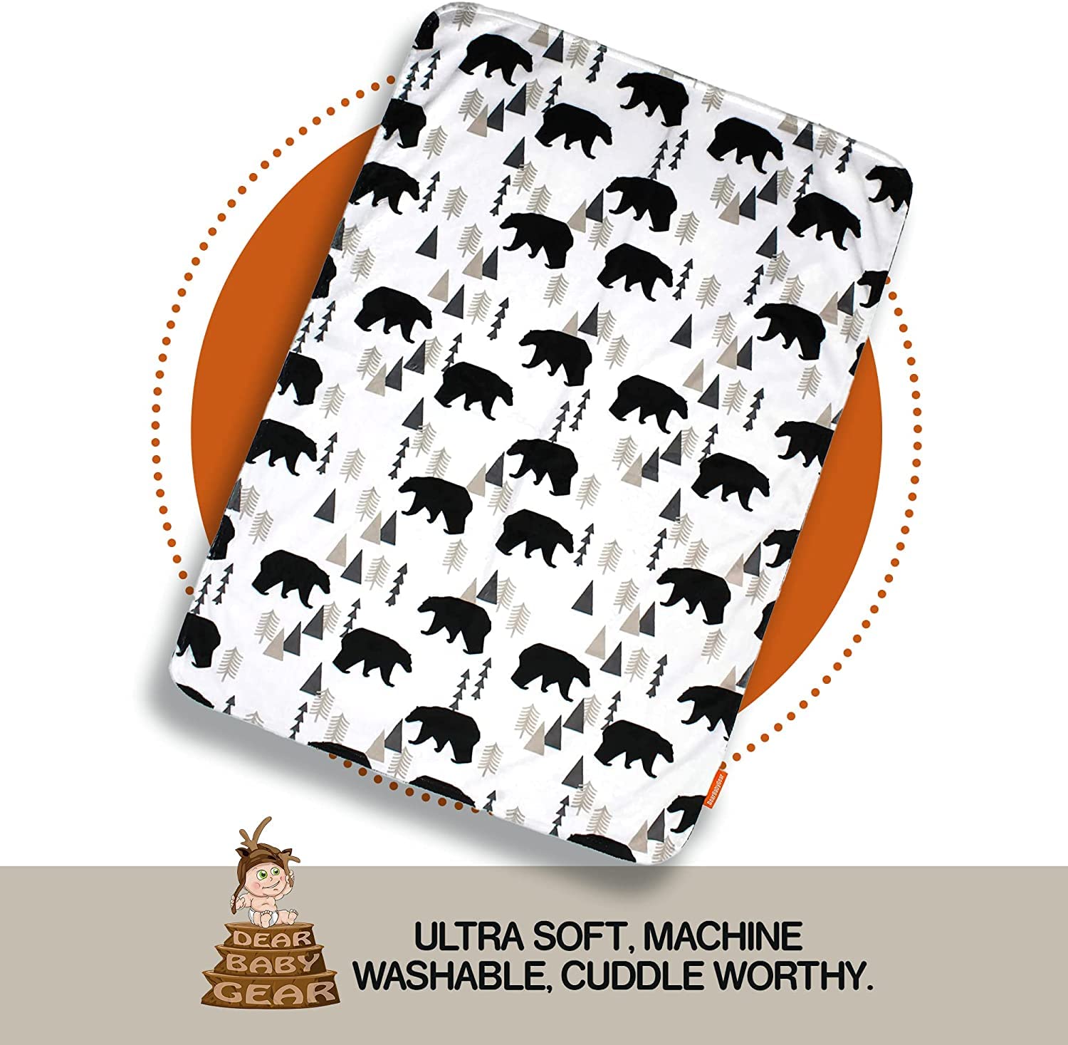 Dear Baby Gear Reversible Baby Blankets - Soft Nursery Blanket for Newborn - Toddler Blankey - Throw Blanket for Boys & Girls - Infant Blankets -40x30 (Black Bears, Geometric Trees/Black&White Plaid)
