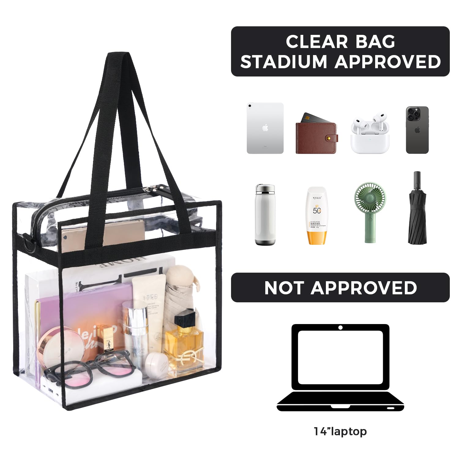 BAGAIL Clear Bags 12x6x12 Stadium Approved Clear Tote Bag with Zipper Closure Crossbody Shoulder Bag with Adjustable Strap
