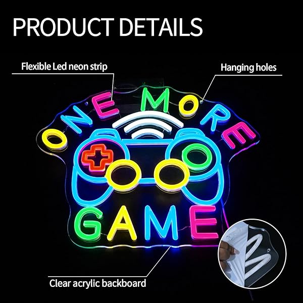 VIRLUSY ONE MORE GAME NEON SIGN FOR GAMING ROOM DECOR DIMMABLE GAMING LED LIGHTS SIGNS GAMER NEON LIGHT FOR WALL DECOR BEDROOM PARTY MAN CAVE DECORATION GIFTS FOR TEENS BOYS KIDS