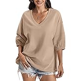 EasyGala Womens Cotton V Neck Sweatshirt 3/4 Sleeve Slouchy Fit Tops Trendy Slit Shirt Casual Fall Lightweight Outfits