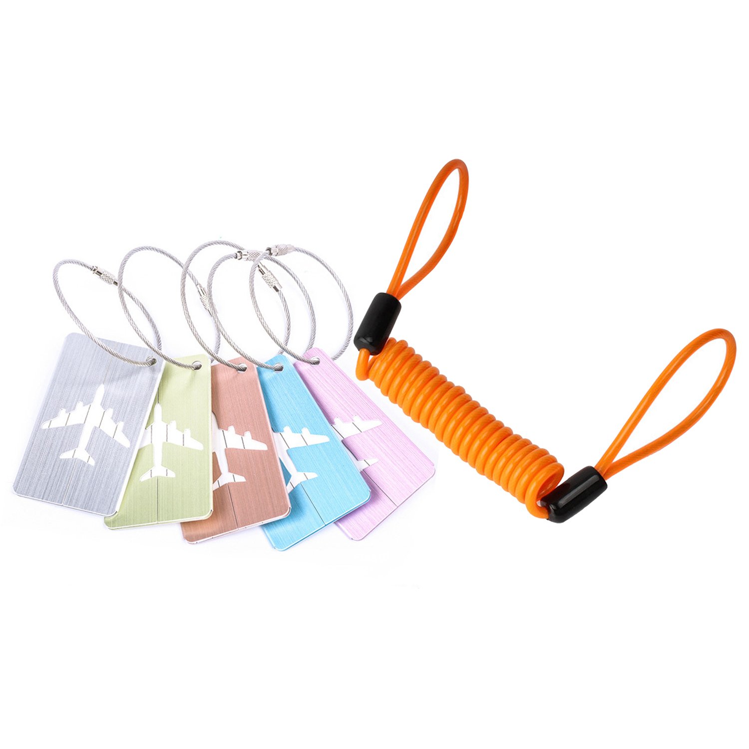 NUZAMAS Travel Luggage Tags Baggage Handbag Tag Labels Suitcase ID 5 Colors & 1 Lock Cables, Security Steel Cables 1.2m with Looped Ends