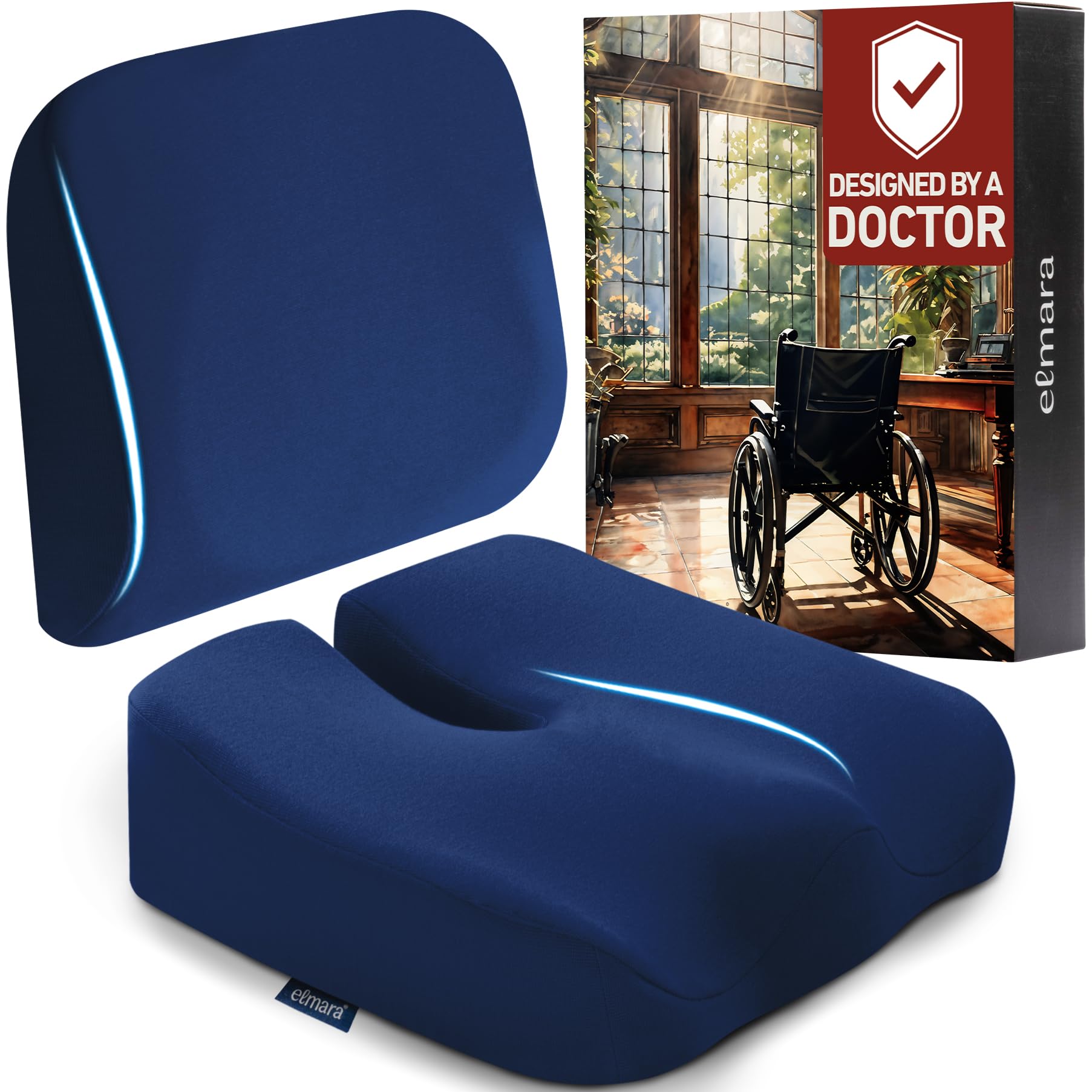 Photo 1 of Elmara Doctor-Designed Wheelchair Seat Cushion Set is The Ultimate Comfort Solution – Thick Wheelchair Cushions Relieve Back & Sciatica Pain – Wheel Chair Cushions for Seniors, Wheelchair Pad (Navy)