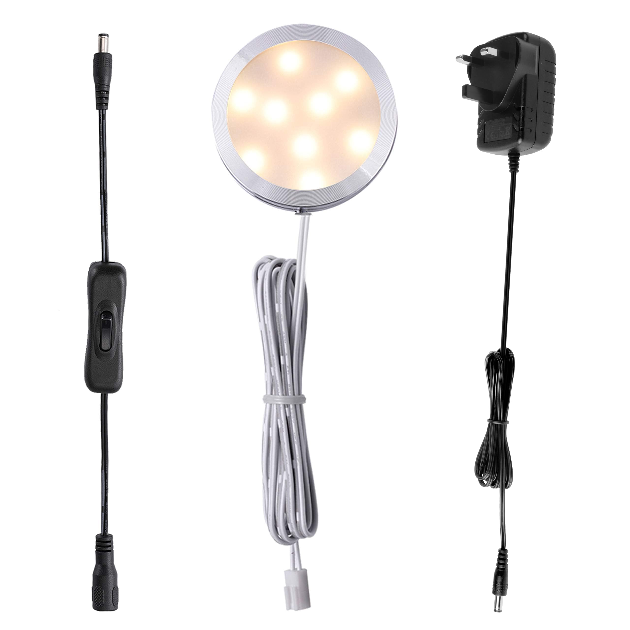 AIBOO 12V LED Kitchen Under Cabinet Lighting Plug in, with Manual Switch, Single LED Puck Light for Under Cupboard Wardrobe Cabinet Closet Kitchen, 12Vdc Low Voltage Display Light, Warm White