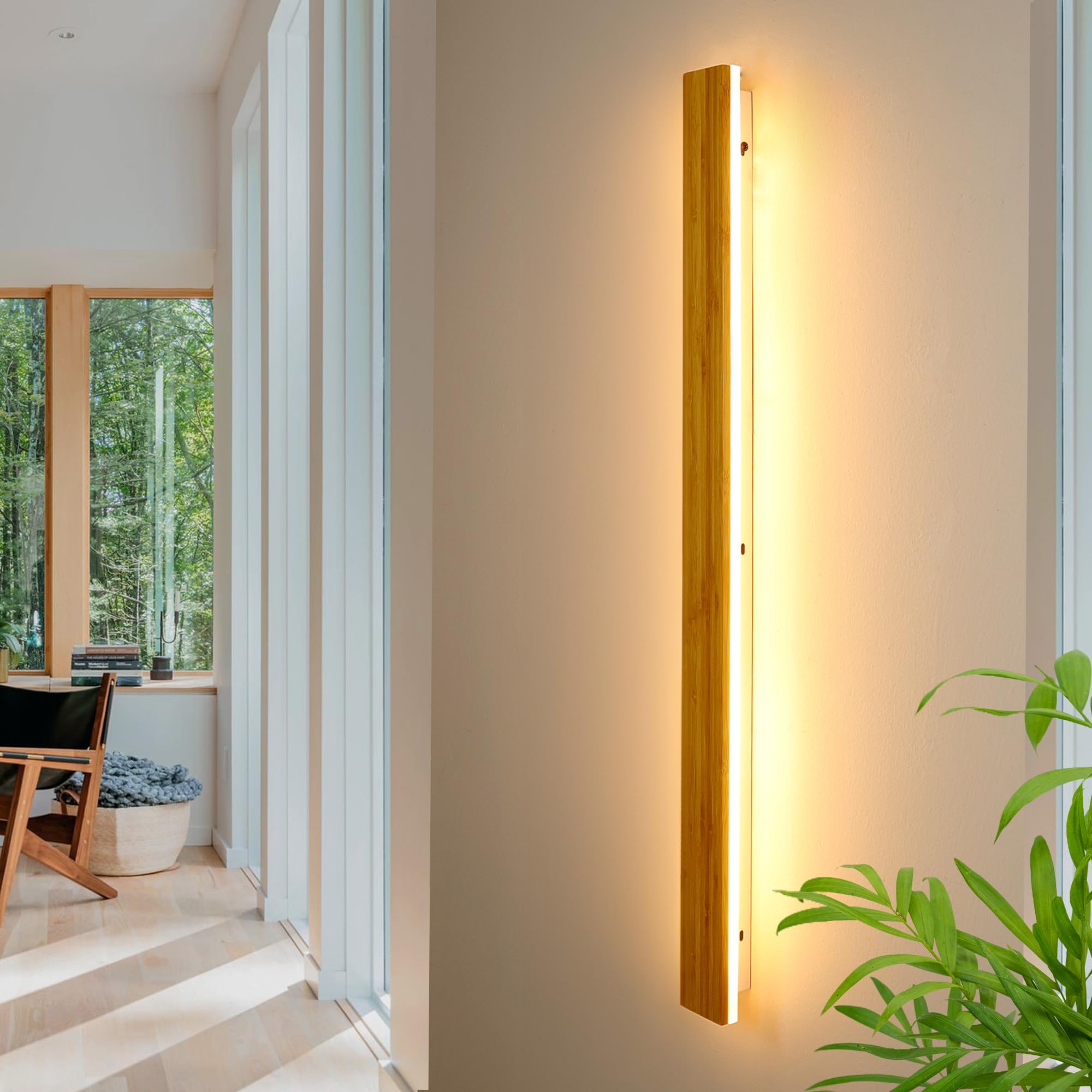 AOEH Wooden Bamboo Wall Light - LED Modern Wall Sconce, 35W 3000k, 115cm for Bedroom, Living Room, Hallway, Stair Interior