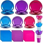 Ferrochef 168 Pcs Kpop Singer Party Supplies Decorations Serve 24 Laser Holographic Pink Purple Blue Paper Plates and Napkins Set Disposable Iridescent Plates Cups Knives Spoon Fork for Birthday Party