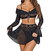 Avidlove Women's Sexy Lingerie Set Sheer Mesh Off Shoulder Bra Panty Ruffle Skirts 3 Piece Sets