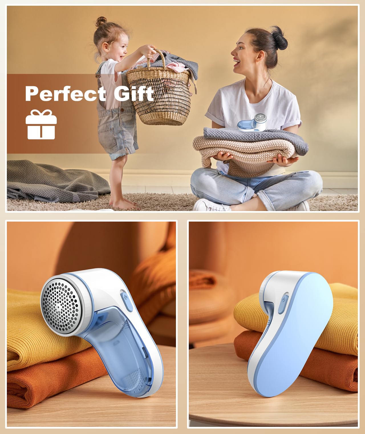 Fabric Shaver, Lint Remover for Clothes, Effectively and Quickly Remove Pills, Sweater Shaver with Stainless Steel 3-Leaf Blades and Safety Lock Protection.(Blue & White)