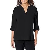 MULTIPLES Women's Roll Tab Cuffed Dolman Sleeve Y-Neck Band Collar Top