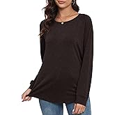 PRIMODA Women's Loose Fit Raglan Long Sleeve Shirts Round Neck Tunic Tops Curved Hem Long T Shirt