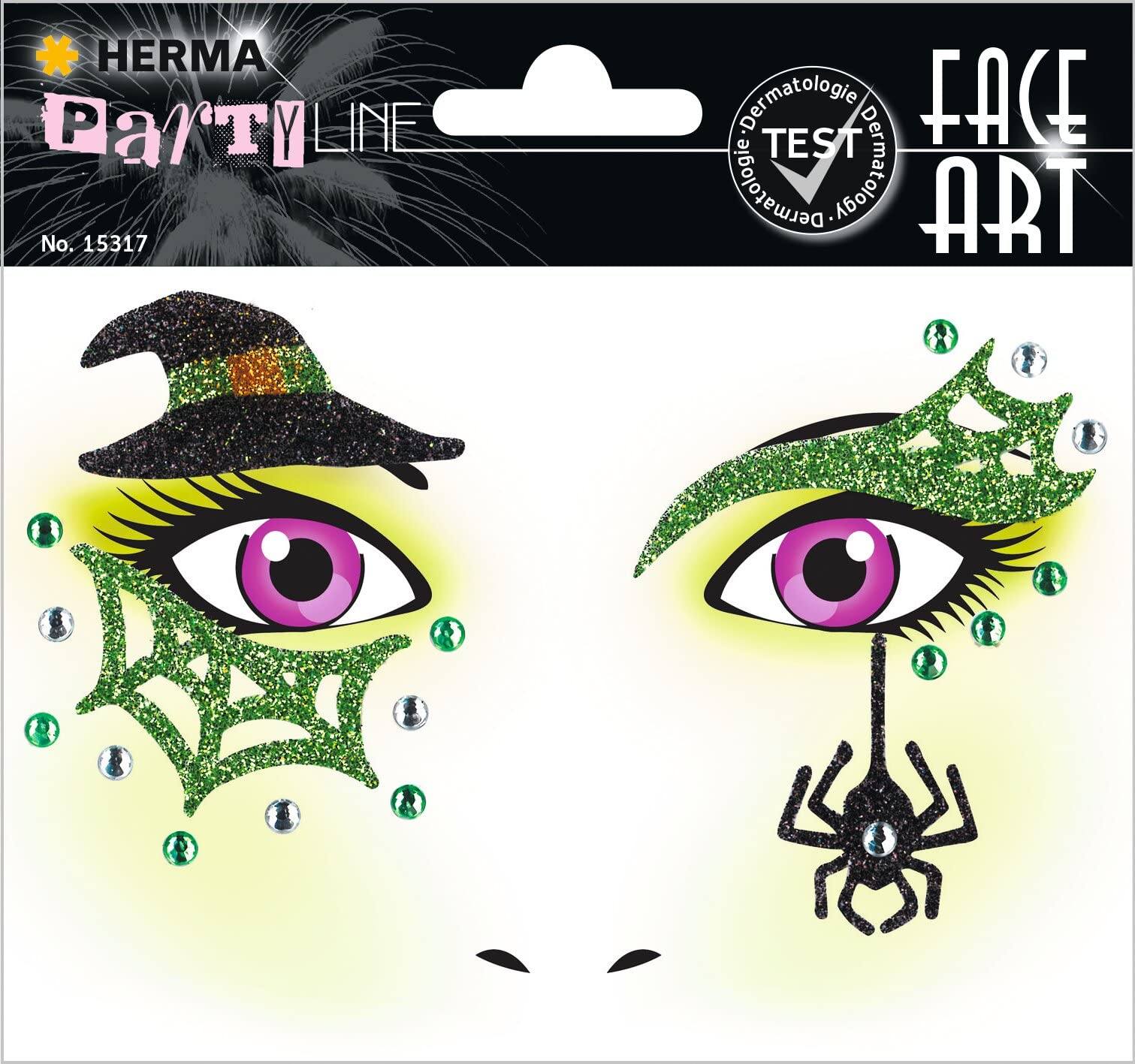 HERMA 15317 Face Art Sticker - Witch, Dermatologically Tested, Removable Face Stickers, Temporary Tattoos, Glitter Face Paint for Carnival, Halloween, Children and Adults, Colourful