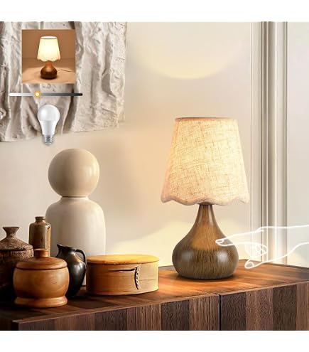 Nomoluke Small Pleated Table Lamp – Dimmable Ceramic Base With Wood-Grain Finish, Linen Shade, LED Bulb Included – Art Deco Style For Bedroom, Desk, Living Room