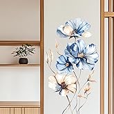 sacinora Blue White Peonies Flower Wall Stickers, Elegant Peony Rose Floral Art Wall Decals Removable Vinyl Peel and Stick Living Room Bedroom Home Decorations
