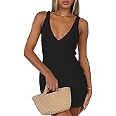 ZREQV Women's Bubble Plaid Mini Dress - Sexy V-Neck Backless Bodycon Summer Dress for Party Club Vacation