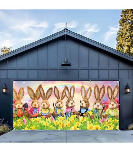 Bannière De Porte De Garage Pâques - Décoration Murale Grand Format 'Joyeuses Pâques' Avec Lapins, œufs (tissu Polyester) - 2