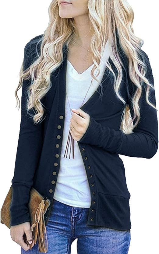 Tracpos Women's V-Neck Solid Button Front Knitwears Long Sleeve Casual Cardigans Sweater Navy Blue S