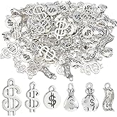Hobbspring 96pcs Vintage Money Charms 6 Styles Antique Silver Dollar Sign Charms Tibetan Style Alloy Dollar Pendants for Jewelry Necklace Bracelets Earrings Making DIY Crafts