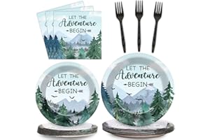 ZOIIWA 200 PCS Adventure Awaits Tableware Disposable Let The Adventure Begin Party Supplies Dinnerware Set Baby Shower Plates Napkins Birthday Party Decoration Serve 50 guest