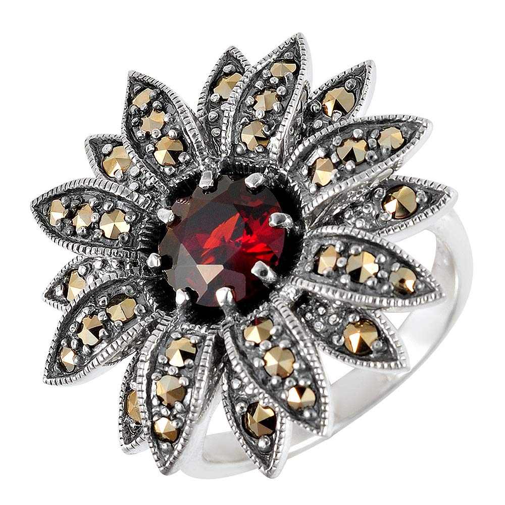 Esse Maracasite Sterling Silver Garnet and Marcasite Large Daisy Flower Statement Ring (P)