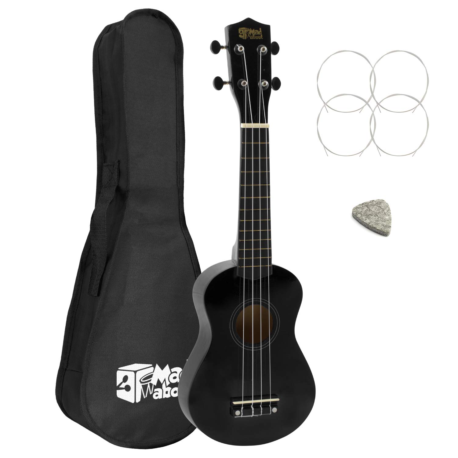Mad About SU8 Left Handed Soprano Ukulele in Black with FREE Gig Bag, Felt Pick, and Spare Strings – Great for Schools and Beginners